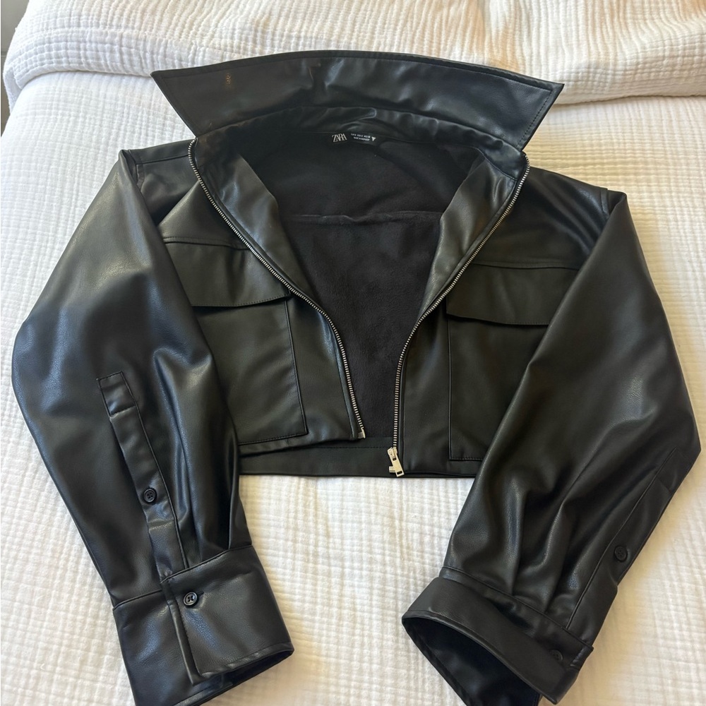 Zara Black Leather Cropped Jacket